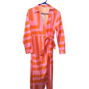 Bold Geometric Print Wrap Midi Dress Orange Pink Long Sleeve Shirt Dress S
